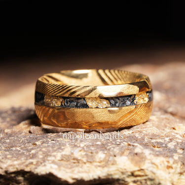 "Eternal Solaris" – Meteorite & 24K Gold Flake Inlay Yellow Gold Damascus Steel Wedding Band  – 8mm