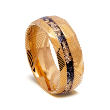 "Eternal Solaris" – Meteorite & 24K Gold Flake Inlay Yellow Gold Damascus Steel Wedding Band  – 8mm