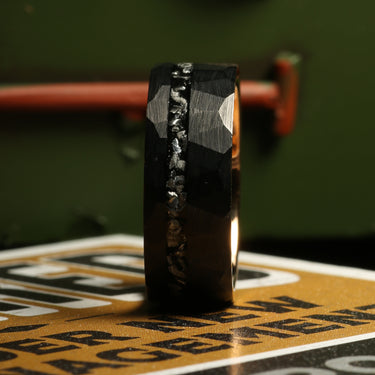 "Unity" Meteorite Inlay, Black Tungsten Carbide, Hammered Design-8mm