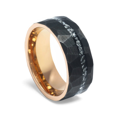 "Unity" Meteorite Inlay, Black Tungsten Carbide, Hammered Design-8mm