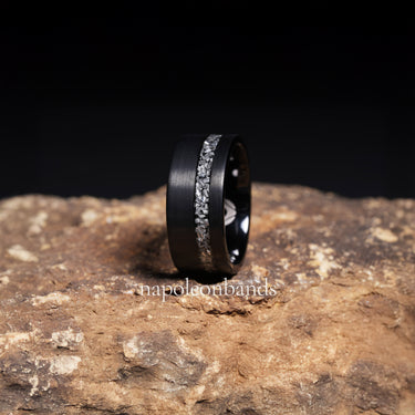 "Meteoroid Forge" – 10mm Black Tungsten Carbide Wedding Band with Authentic Meteorite Inlay | Comfort Fit