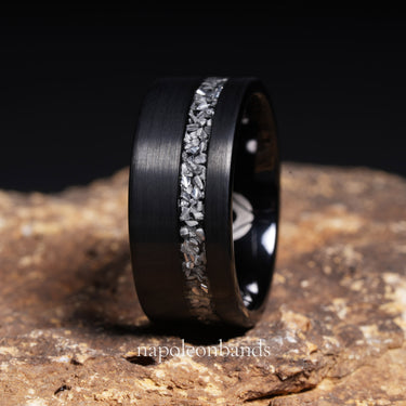 "Meteoroid Forge" – 10mm Black Tungsten Carbide Wedding Band with Authentic Meteorite Inlay | Comfort Fit