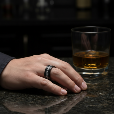 "Meteoroid Forge" – 10mm Black Tungsten Carbide Wedding Band with Authentic Meteorite Inlay | Comfort Fit