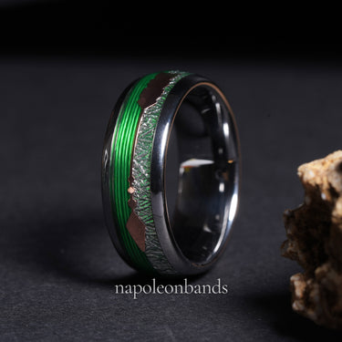 "Verdant Strike" – Green Line & Copper Arrow Inlay Tungsten Wedding Band with Meteorite – 8mm