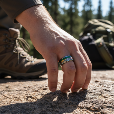 "Verdant Strike" – Green Line & Copper Arrow Inlay Tungsten Wedding Band with Meteorite – 8mm