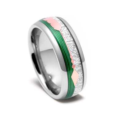 "Verdant Strike" – Green Line & Copper Arrow Inlay Tungsten Wedding Band with Meteorite – 8mm