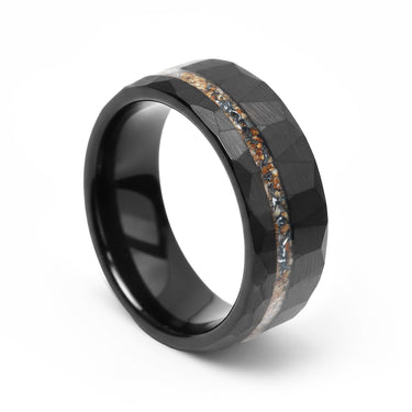 "Beachboy" Meteorite and Hawaiian Sand Inlay, Black Tungsten Carbide, Men's Wedding Ring, Faceted Design, 8mm