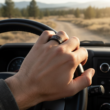 "Stellar Rose" – 8mm Black Tungsten Meteorite Wedding Band with Rose Gold Strip & Hammered Finish
