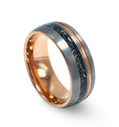 "Mighty" Meteorite, Rose Gold Strip Inlay, Tungsten Carbide, Silver Brushed Finish-8mm