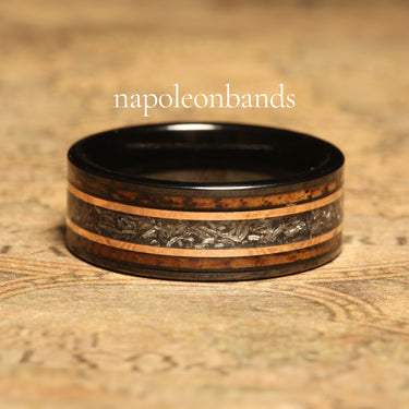 Eclipse Barrel" Black Tungsten Wedding Band with Charred Whiskey Barrel and Meteorite Inlay