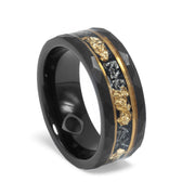 "Zeus" Meteorite 24K Gold Leaf Gold Strip Inlay Black Hammered Tungsten Carbide Ring, 8mm