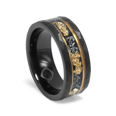 "Zeus" Meteorite 24K Gold Leaf Gold Strip Inlay Black Hammered Tungsten Carbide Ring, 8mm