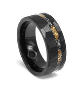 "Thor" Meteorite, 24k Gold Leaf Inlay, Black Tungsten Carbide, Hammered Design-8mm