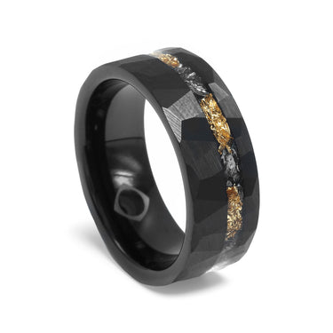 "Thor" Meteorite, 24k Gold Leaf Inlay, Black Tungsten Carbide, Hammered Design-8mm
