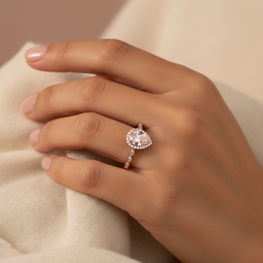 "Blush Aurora" – 14K Rose Gold Vermeil Morganite Engagement Ring with Pear Cut & Diamond Accents