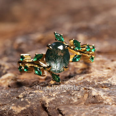 "Verdant Bloom" – 14K Yellow Gold Vermeil Moss Agate Engagement Ring Set with Emerald Leaf Accents