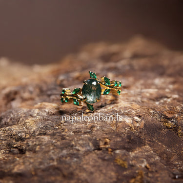 "Verdant Bloom" – 14K Yellow Gold Vermeil Moss Agate Engagement Ring Set with Emerald Leaf Accents