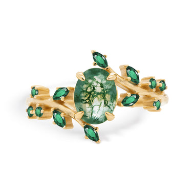 "Verdant Bloom" – 14K Yellow Gold Vermeil Moss Agate Engagement Ring Set with Emerald Leaf Accents
