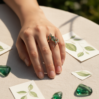"Rosavine" – Moss Agate & Emerald Leaf Rose Gold Engagement Ring Set with Diamond Accent