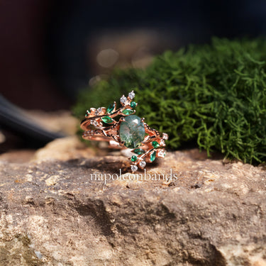"Rosavine" – Moss Agate & Emerald Leaf Rose Gold Engagement Ring Set with Diamond Accent