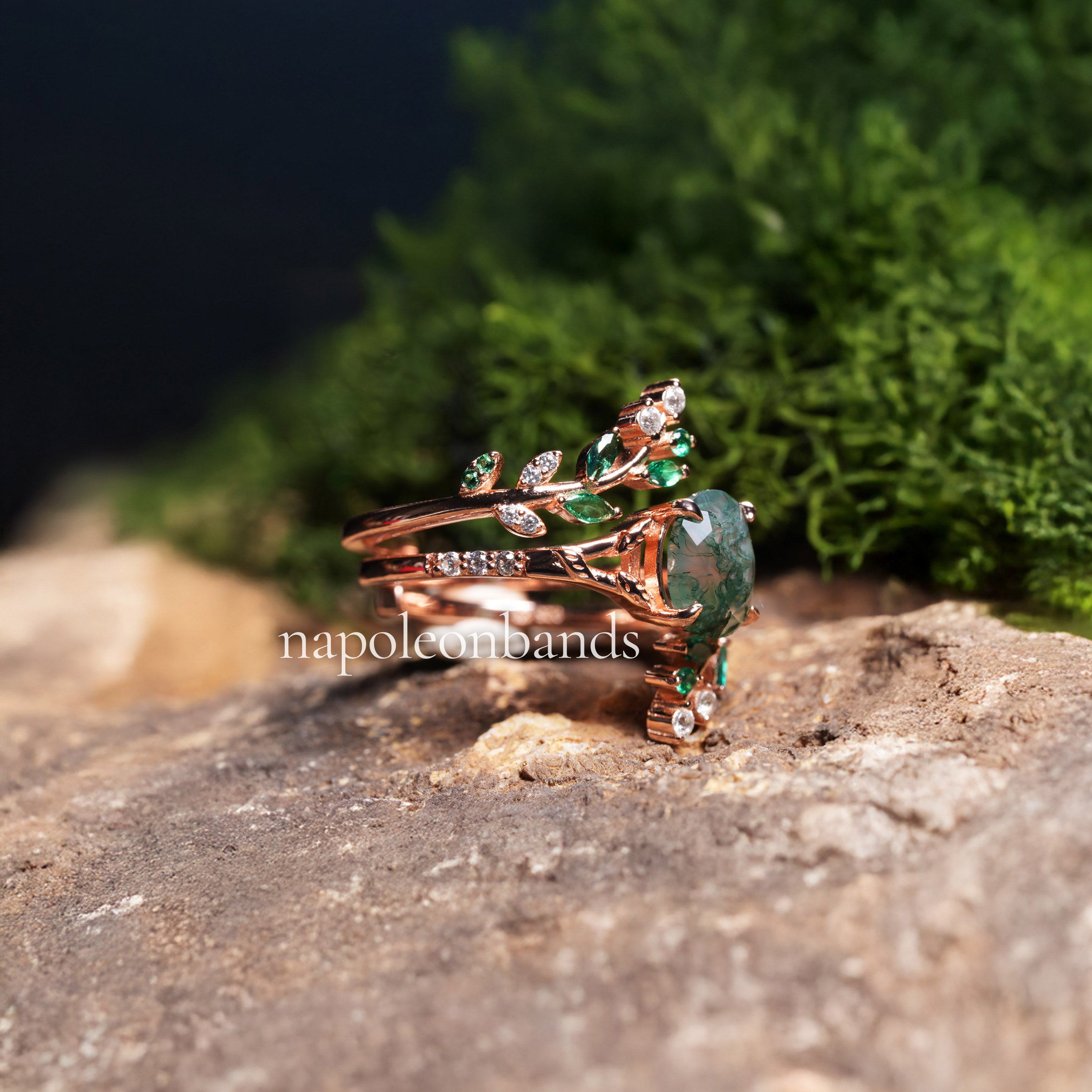 'Rosavine'' Moss Agate & Emerald Leaf Rose Gold Ring 8.5 'Rosavine'' Moss Agate & Emerald Leaf Rose Gold Ring 8.5
