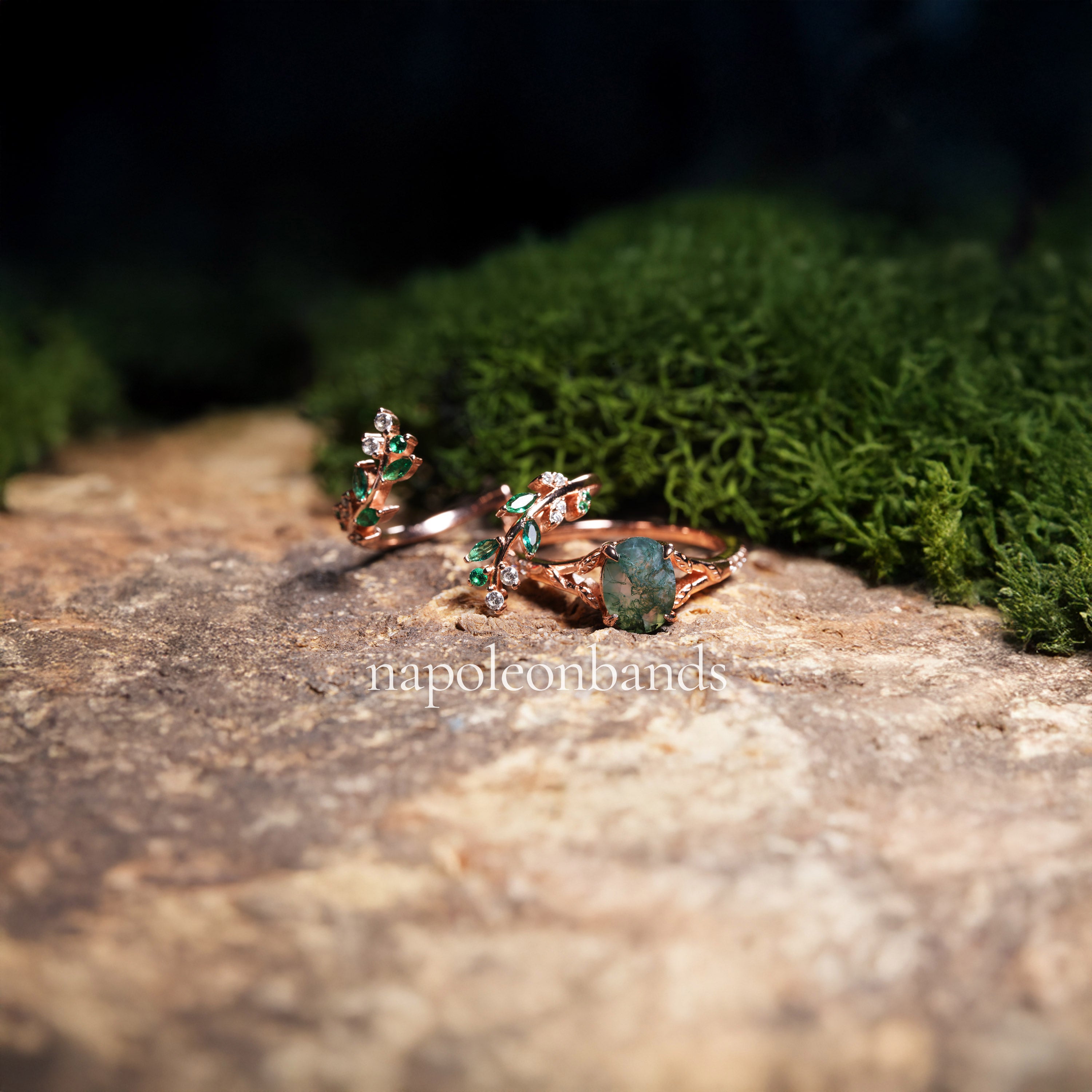 'Rosavine'' Moss Agate & Emerald Leaf Rose Gold Ring 8.5 'Rosavine'' Moss Agate & Emerald Leaf Rose Gold Ring 8.5