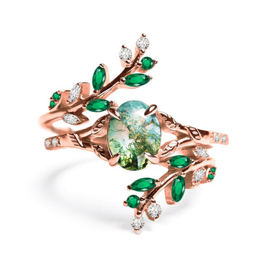 "Rosavine" – Moss Agate & Emerald Leaf Rose Gold Engagement Ring Set with Diamond Accent