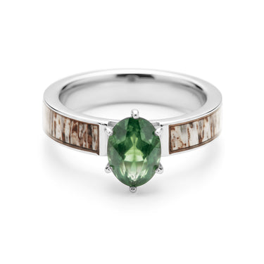 "Wild Grace" Moss Agate Engagement Ring – Silver Deer Antler Inlay, Outdoor Promise Ring for Women, Hunting Anniversary Gift-5mm