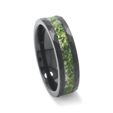 "Evergreen Edge" Moss Agate Inlay  Hammered Black Tungsten Carbide Wedding Band for Men