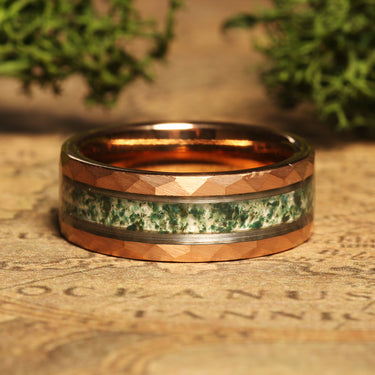 "Forest Ember" Green Moss Agate Inlay, Rose Gold Hammered Tungsten Carbide Band  for Men