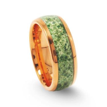 "Gaia" Moss Agate, Rose Gold Tungsten Carbide, Dome Polished Design-8mm
