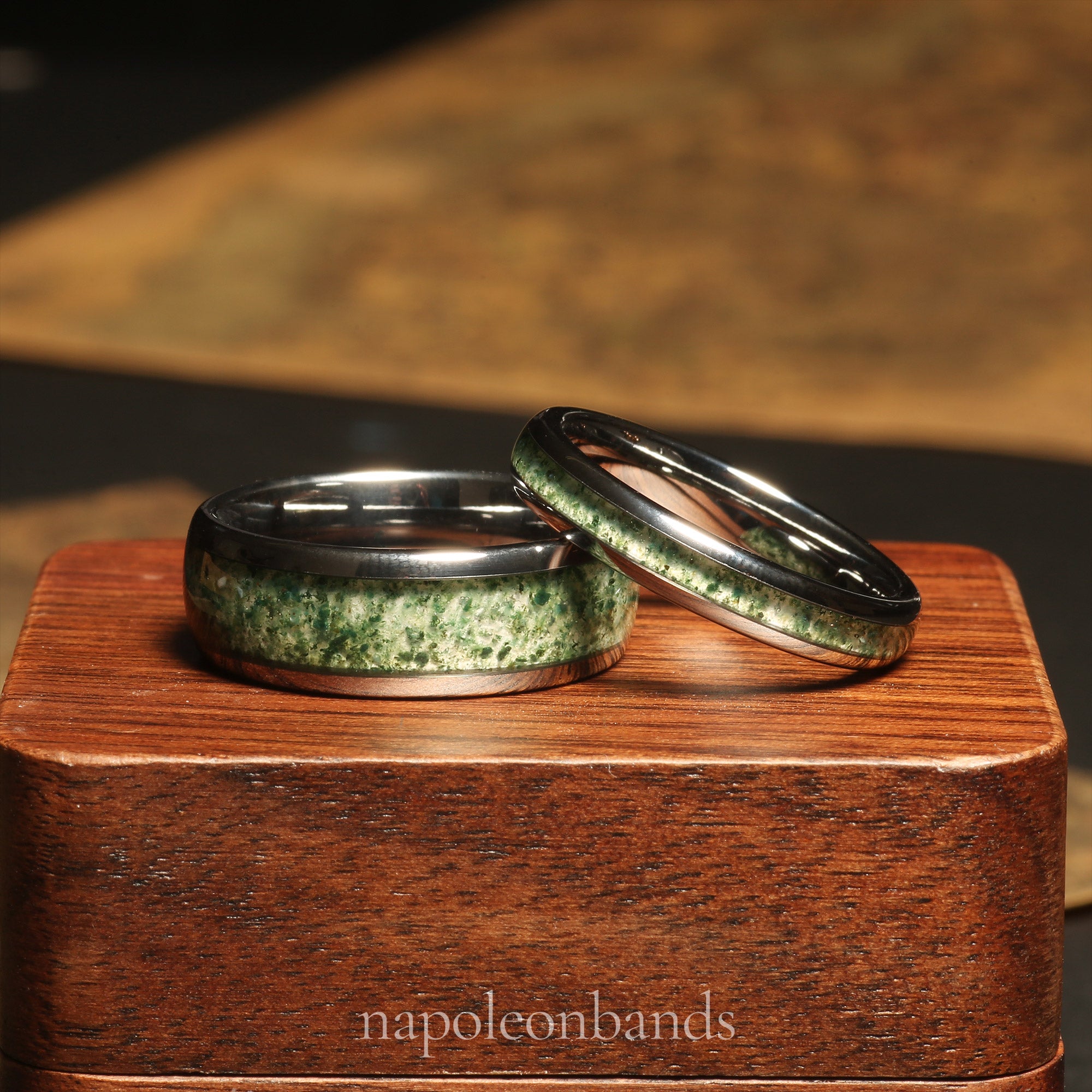 Verdant Vow Moss Agate Ring Set – His and Hers Silver Tungsten