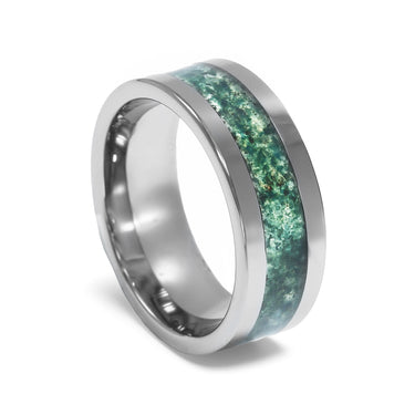 "Enchanted" Moss Agate, Silver Tungsten Carbide, Polished Finish, Men's Wedding Ring-8mm