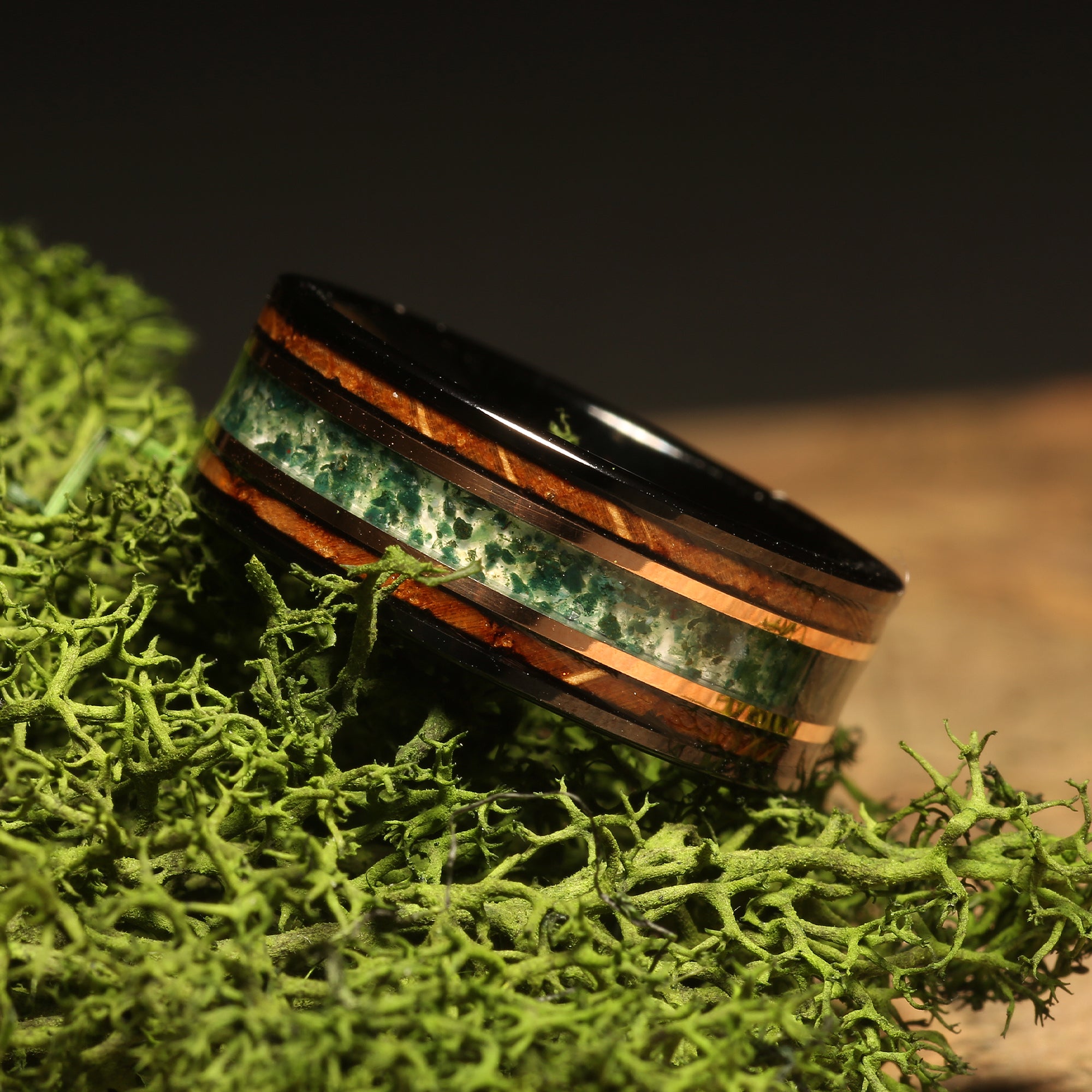 Black Tungsten Wedding Band with Moss Agate and Whiskey Barrel Inlay Black Tungsten Wedding Band with Moss Agate and Whiskey Barrel Inlay