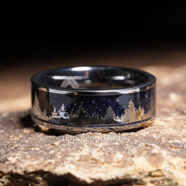 "Noctis Grove" – Silver Tungsten Wedding Band with Night Sky Sandstone & Silver Tree Inlay – 8mm