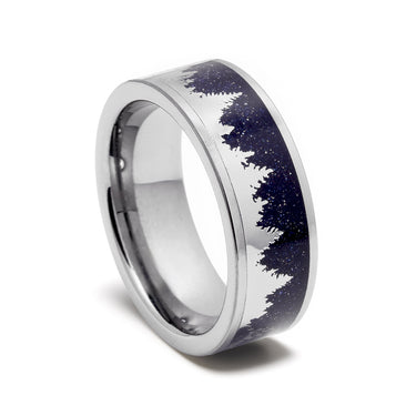 "Noctis Grove" – Silver Tungsten Wedding Band with Night Sky Sandstone & Silver Tree Inlay – 8mm