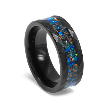 "Stargazer" Crushed Opal Inlay, Tungsten Carbide, Hammered Design - 8mm