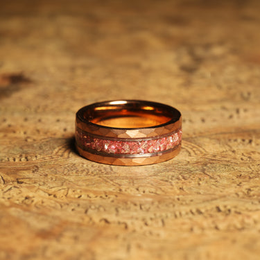 "Blush Forge" Crushed Morganite Hammered Tungsten Wedding Band with Rose Gold for Men