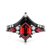 "Crimson Nocturne" –  Red Garnet Black Rhodium Engagement Ring with Diamond Accents