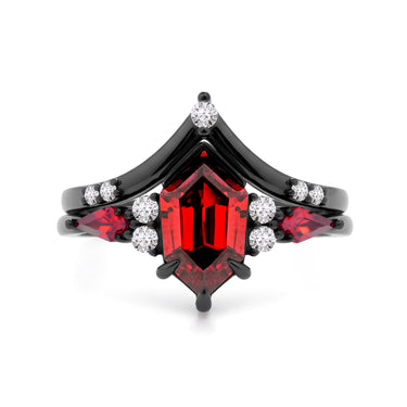 "Crimson Nocturne" –  Red Garnet Black Rhodium Engagement Ring with Diamond Accents