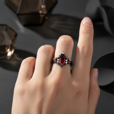 "Crimson Nocturne" –  Red Garnet Black Rhodium Engagement Ring with Diamond Accents