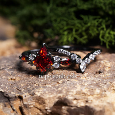 "Crimson Nocturne" –  Red Garnet Black Rhodium Engagement Ring with Diamond Accents