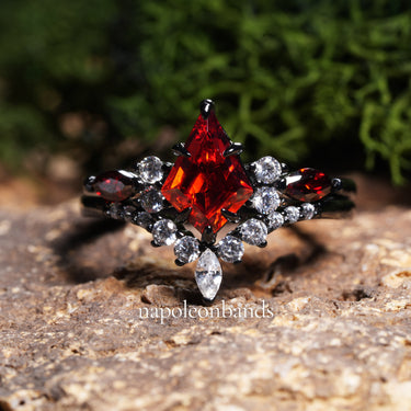 "Shadow Ember" – Kite-Cut Red Garnet & Diamond Accents Black Rhodium Sterling Silver Engagement Ring