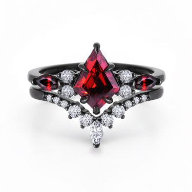 "Shadow Ember" – Kite-Cut Red Garnet & Diamond Accents Black Rhodium Sterling Silver Engagement Ring