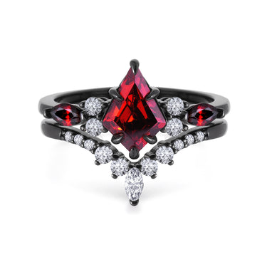 "Shadow Ember" – Kite-Cut Red Garnet & Diamond Accents Black Rhodium Sterling Silver Engagement Ring