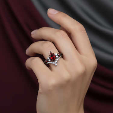 "Shadow Ember" – Kite-Cut Red Garnet & Diamond Accents Black Rhodium Sterling Silver Engagement Ring
