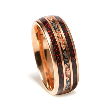 "Crimsonite" Men's Black Tungsten Meteorite Wedding Band, Red Garnet Rose Gold Ring, Gift for Him, 8mm
