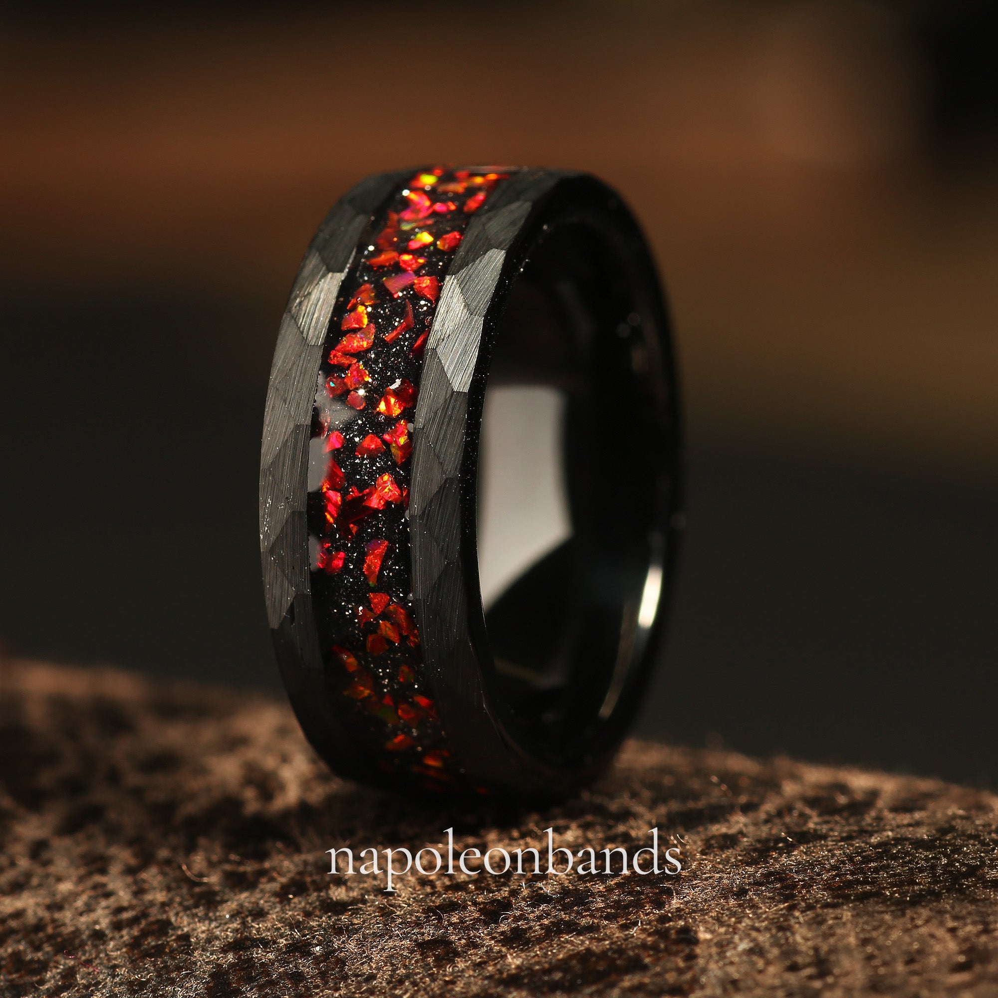 Crimson Forge – 8mm Black Tungsten Wedding Band with Garnet
