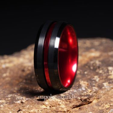 "Crimson Steel" Red Inlay Brushed Tungsten Carbide Wedding Band for Men – 8mm