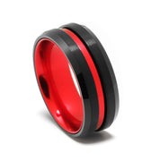 "Crimson Steel" Red Inlay Brushed Tungsten Carbide Wedding Band for Men – 8mm